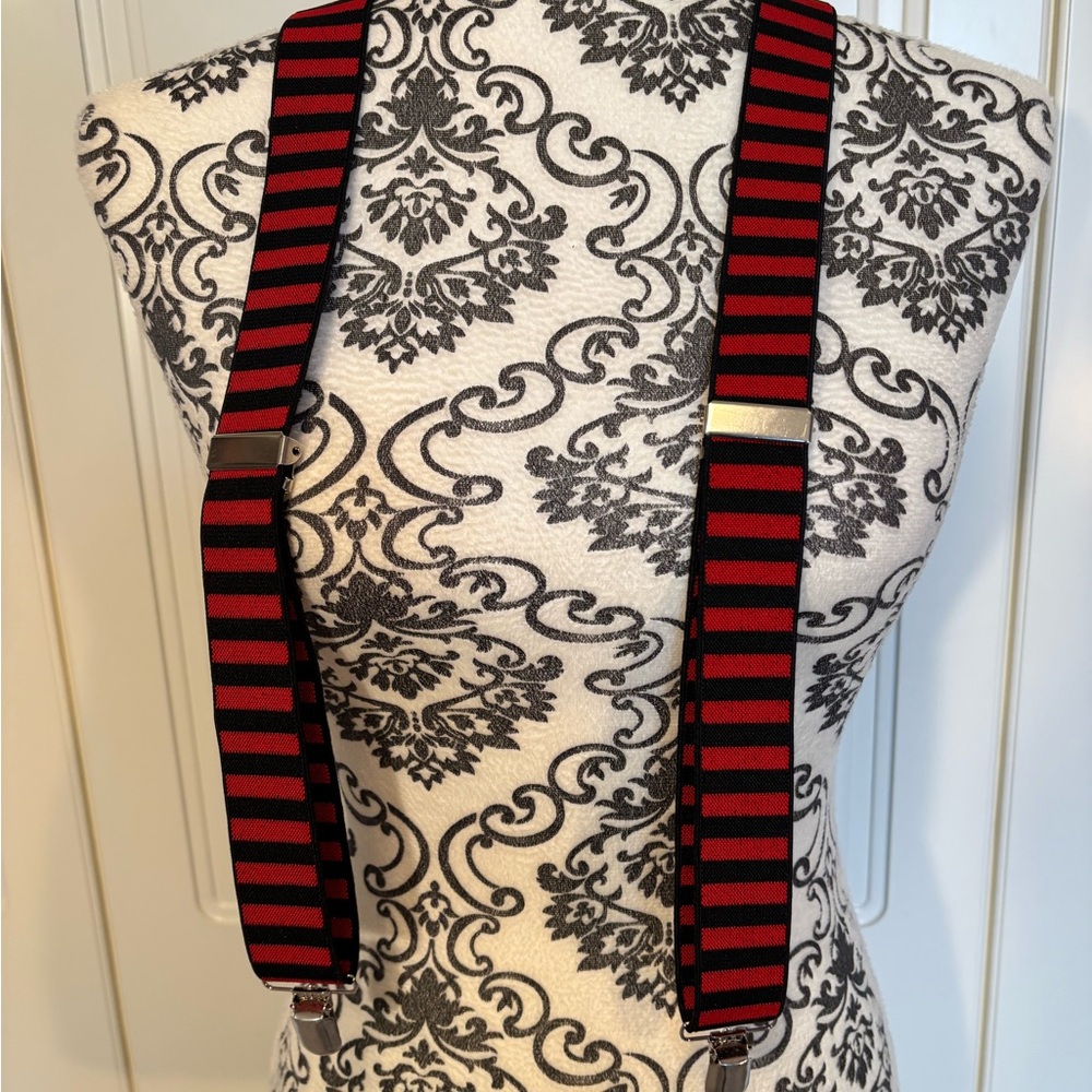 Red and Black Striped Suspenders OSFA stretchy adjustable 1 1/4" wide strap